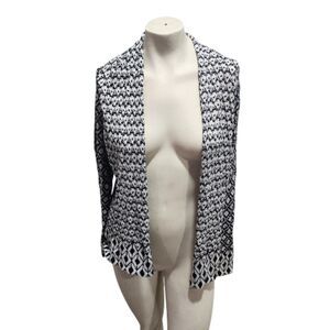 Women’s Black White Geometric Open Front Cardigan Sweater Long Sleeve Large